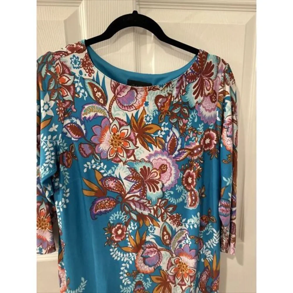 BOB MACKIE Wearable Art Size S Sheath Dress Blue Floral‎ 3/4 Sleeve NEW